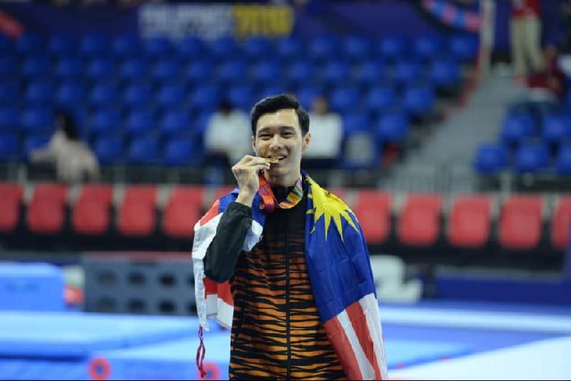 陈福杰成功在菲律宾东运会卫冕男子鞍马金牌。（Majlis Sukan Negara Malaysia脸书照片）