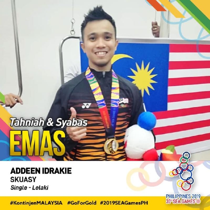 艾登在男单壁球决赛获胜，首夺东运会个人赛金牌。（Majlis Sukan Negara Malaysia脸书照片）