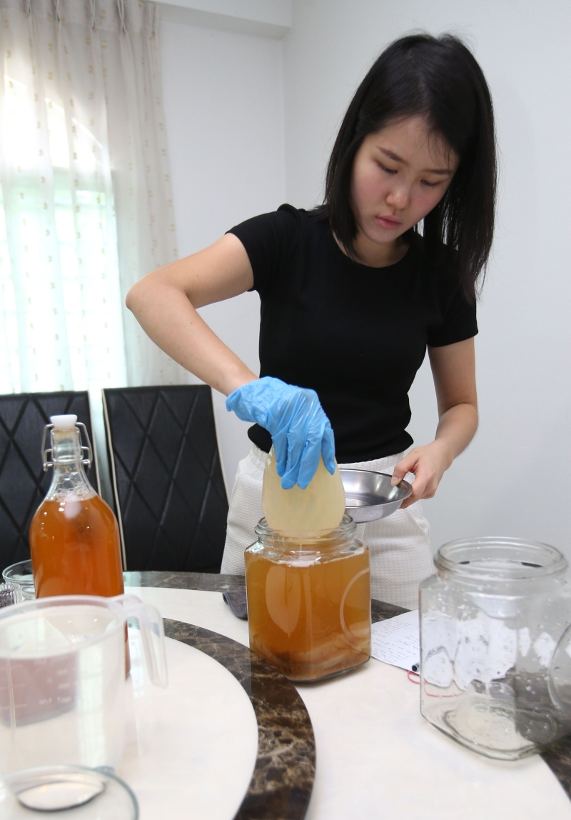 马莹莹将一片犹如果冻状的酵母放入玻璃罐中酿制康普茶。