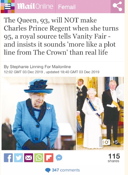 查尔斯王子办公室发表声明辟谣，否认英女王伊丽莎白二世正在考虑2021年满95岁时退休，由长子查尔斯王子担任摄政王。