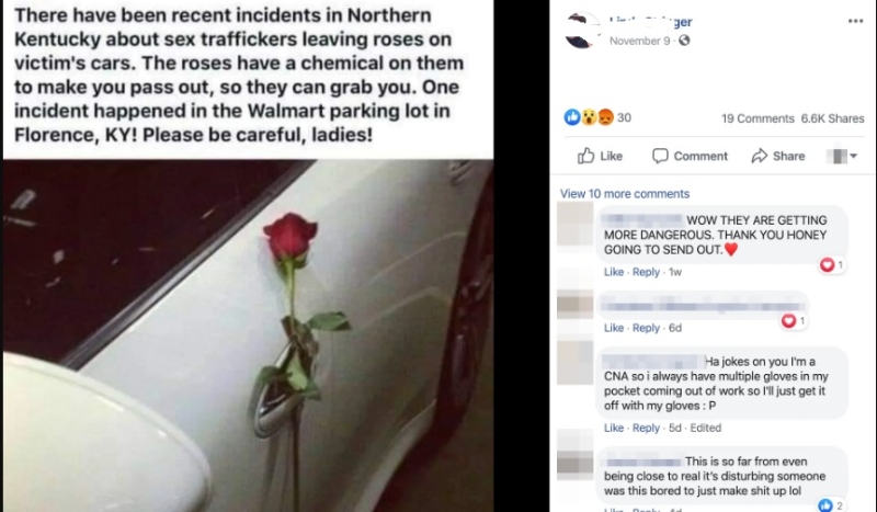 网上流传的贴文称，肯塔基州北部最近发生了一起性贩运分子在受害者的汽车留下玫瑰的事件，还附上一张图，显示白色汽车门的把手插入了红玫瑰。注：截图取自事实查核网站SNOPES