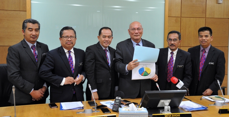 诺希山（右三）在执行总监的陪同下，提呈2020年吉隆坡财政预算案。左起为莫哈末、慕斯达法及依布拉欣；右起为莫哈末沙赫及诺阿兹兹。