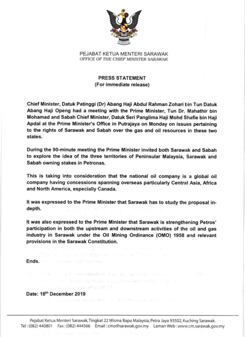 首长署发文告证实，首相正式提议砂沙政府拥国油股权。