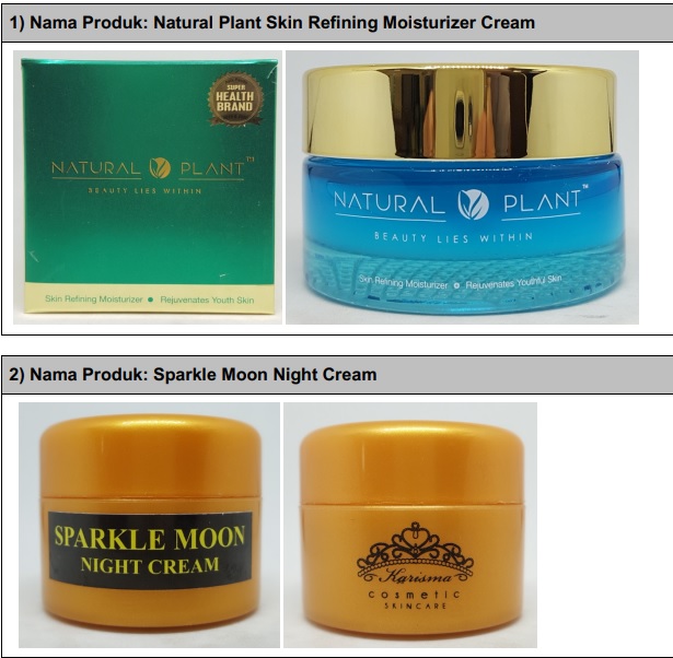 上图为Natural Plant Skin Refining Moisturizer Cream，含霉康唑；下图为Sparkle Moon Night Cream，含水银及倍他米松17-戊酸酯。