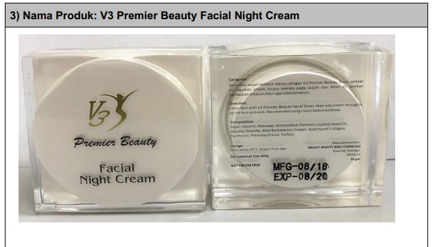 V3 Premier Beauty Facial Night Cream，含苯二酚。