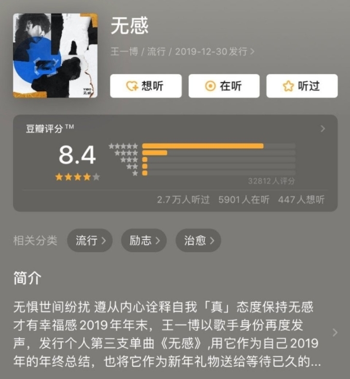 截止31日早上 ，王一博新歌《无感》在豆瓣评分为8.4分。