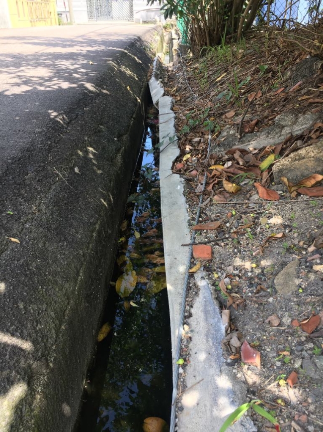 沟渠中段塌下一块，导致水流受阻。