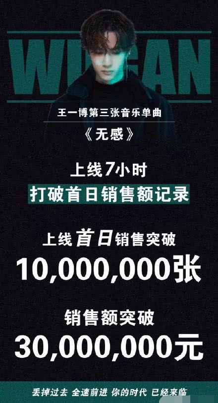 《无感》已经突破销售1000万张，销售额破3000万，这成绩证实了王一博爆棚的人气。