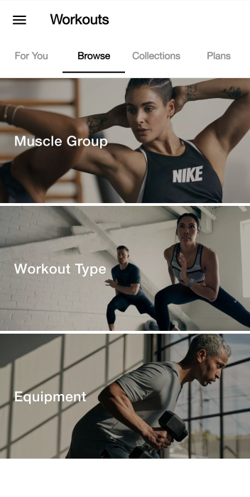 浏览“Browse”时，界面分成3大板块——肌群锻炼、训练模式和器材模式。