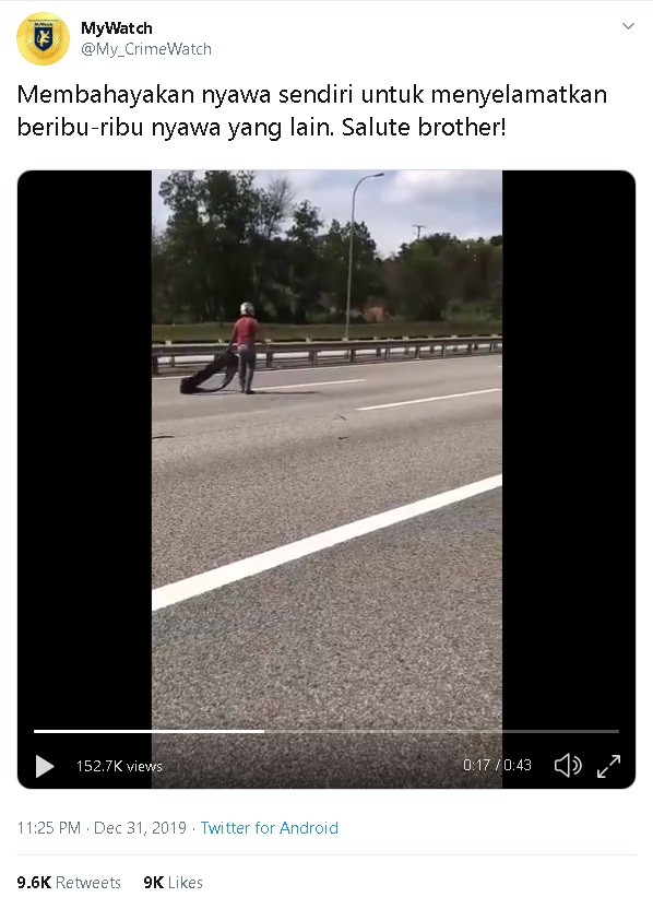 大马监督罪案特别小组日前上传了一名男子处理大道上一个废弃轮胎的视频，引起网民赞许。
