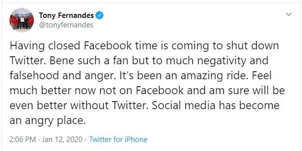 东尼费南达斯发文宣布将关闭他的推特账号。
