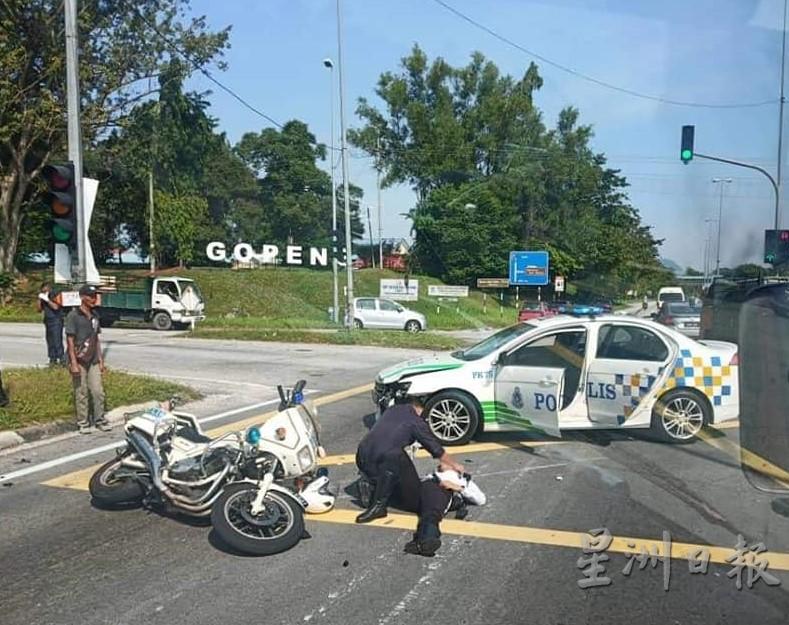务边发生一场罕见意外，为霹雳州王储妃开路的警车不慎撞上前方的交警摩哆车。