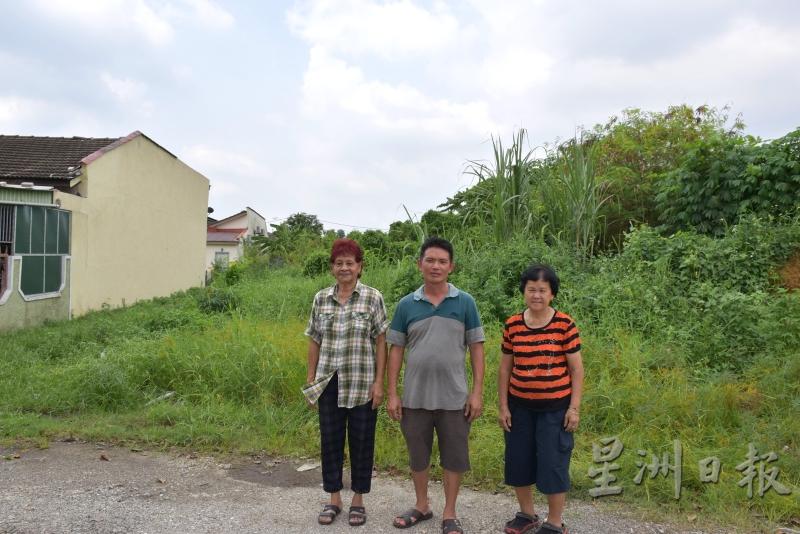 陈明琍（右起）、女婿罗维财和邻居玛格列，对住家毗邻”小森林“的环境状况不知如何是好。