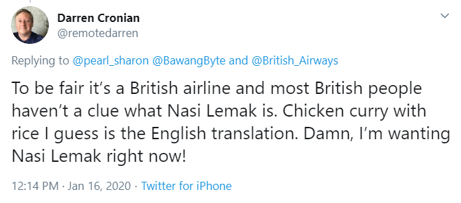独爱椰浆饭的英国Youtuber戴伦·克罗尼安也针对这则推文作出留言。