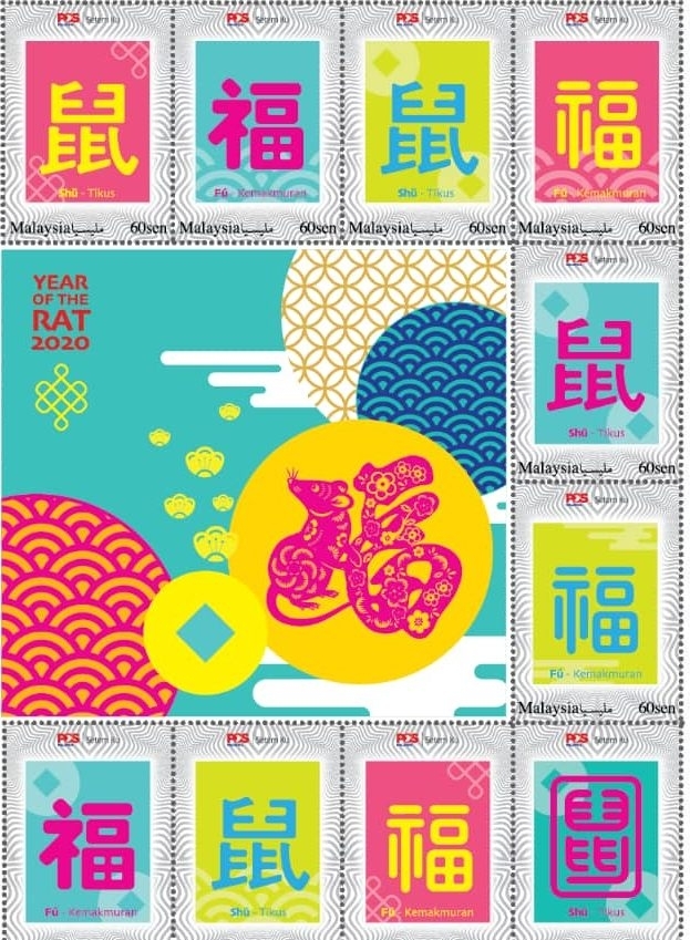 配合2020鼠年，大马邮政公司发行印有福、鼠的邮票。