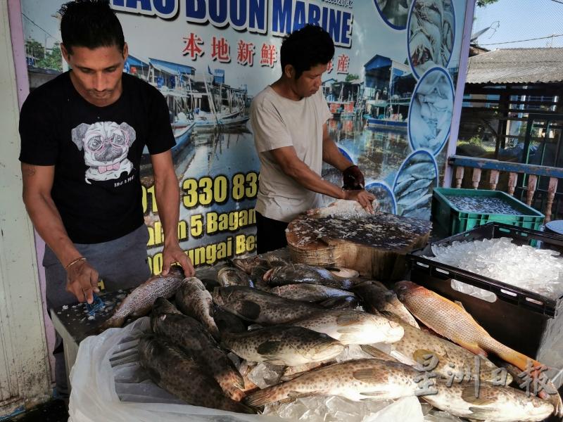 海产商贩员工将石斑鱼的鱼鳞清理干净，再送给顾客。
