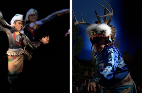 印弟安人在圣诞节的传统舞蹈仪式涵盖一整年来四季生活的题材，鹿之舞（右）及鹰之舞是其一。（照片为作者于原住民日合法拍摄） 
