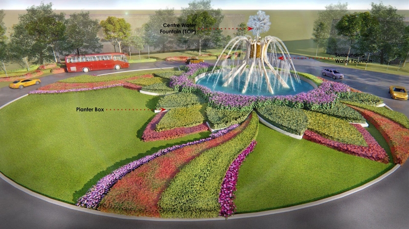 怡保夜光杯交通圈在提升后，除了增加了“水晶球”小喷泉，还种有五颜六色的花圃。（构想图）