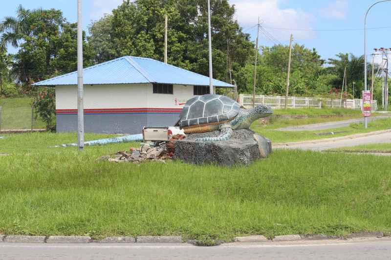 拥有逾10年历史的海龟交通岛遭轿车撞毁。
