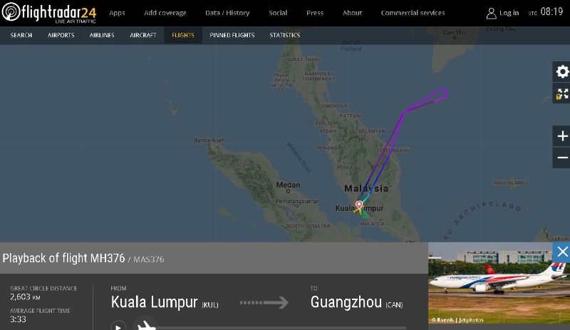 根据flightradar24，马航班机MH376在起飞不久后再折返回吉隆坡。