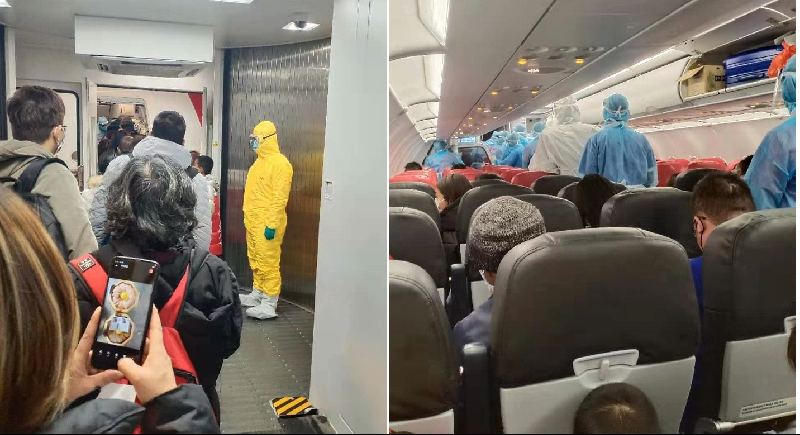 Malaysians stranded in Wuhan boarding the home-bound flight (L); Cabin crew in full protective gear onboard the flight.