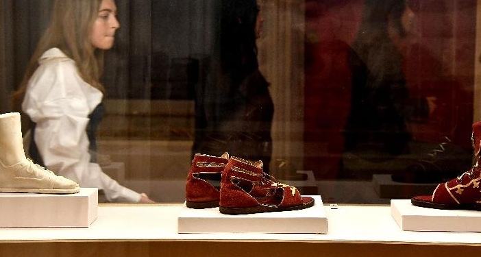 Sandals on display during the exhibition "Worn by the Gods" at the Fashion and Costume Museum in Palazzo Pitti in Florence. AFP