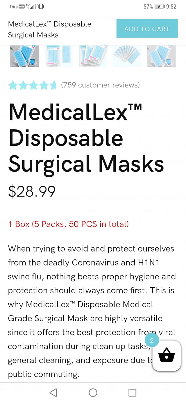  网站显示一盒50片口罩售价为28.99美元。
