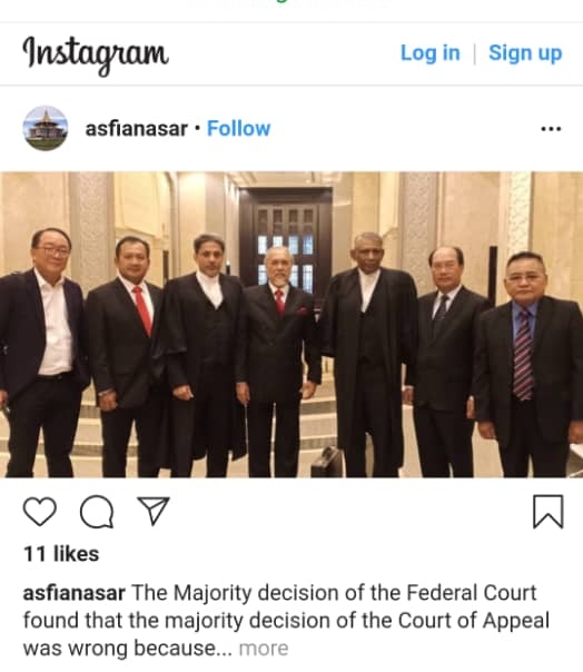 砂州议长阿斯菲亚（中）在个人社交媒体上，发布他与律师团成员在布城联邦法院的合照，右起前哲莫仁区州议员阿布瑟曼、砂副议长格拉瓦加拉及代表律师阿布拉罕。