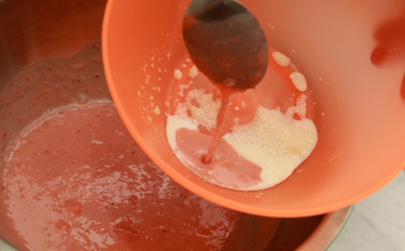 4.将浸泡好的吉力丁加入少许草莓布丁馅，并搅拌至均匀。
