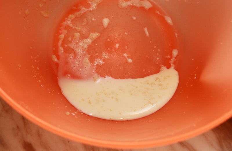 2.把吉力丁粉浸泡在牛奶（1）中。
