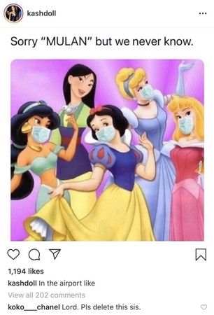 卡什多尔在IG贴出贴出迪士尼公主戴上口罩的照片，唯独代表华人的花木兰没有，遭痛批是种族歧视。