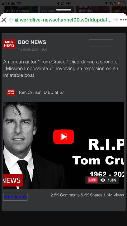 Youtube频道冒用BBC的标志，散播汤告鲁斯意外身亡的假消息。