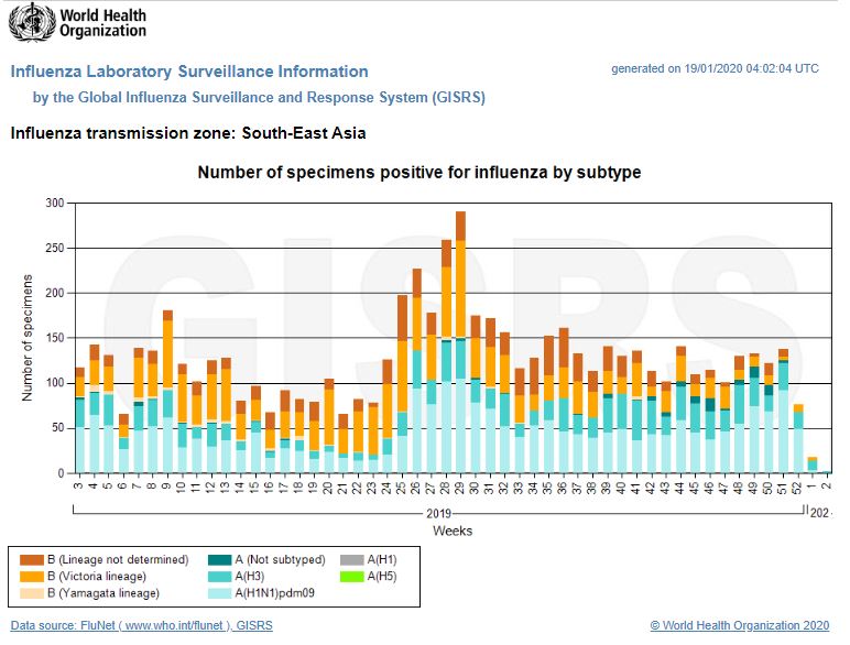 世卫收集流感样本，显示东南亚在2019年的流感高峰期为全年第25至29个星期。（图源：全球流感监测和反应系统，GISRS）