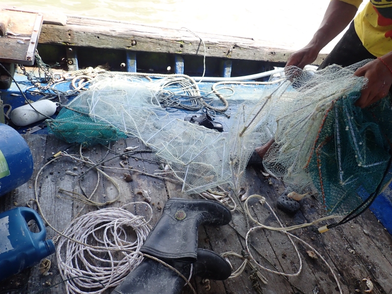 渔民协助执法单位，在海上取缔非法蜈蚣网。