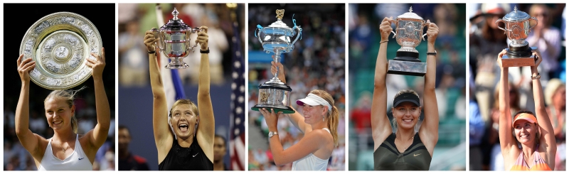莎拉波娃生涯曾5度拿下大满贯冠军、收获36座WTA单打冠军、连续17周排名女单世界第1和总胜率高达79%。图为她依序赢得（从左至右）大满贯的时刻。（图：法新社档案照）