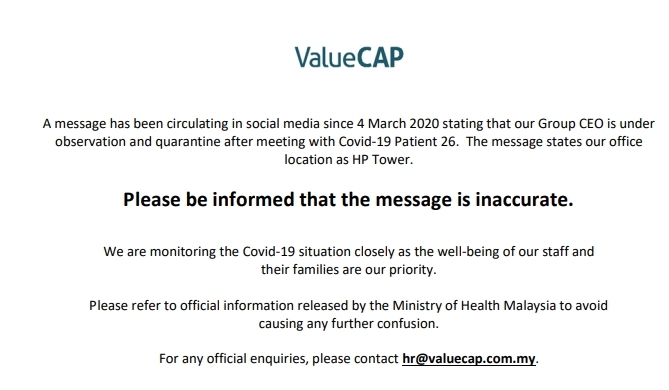 ValueCap集团人力资源部发文告驳斥有关该集团首席执行员被隔离的谣言。
