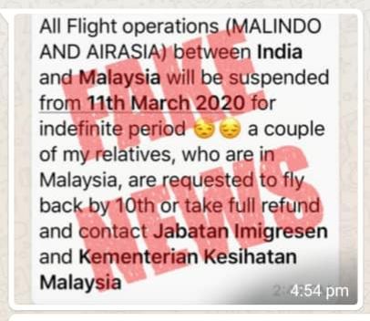 社交媒体上有关马印航空和亚航将无限期停飞所有往返印度和大马航班的消息，已经遭到当事人之一的马印航空否认，而亚航也没有任何有关停飞有关航线的通告。