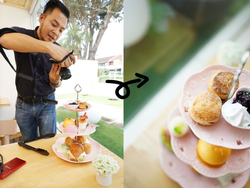 黄联兴展示一般商业用途食物拍摄的拍摄手法，呈45º拍摄为最佳。