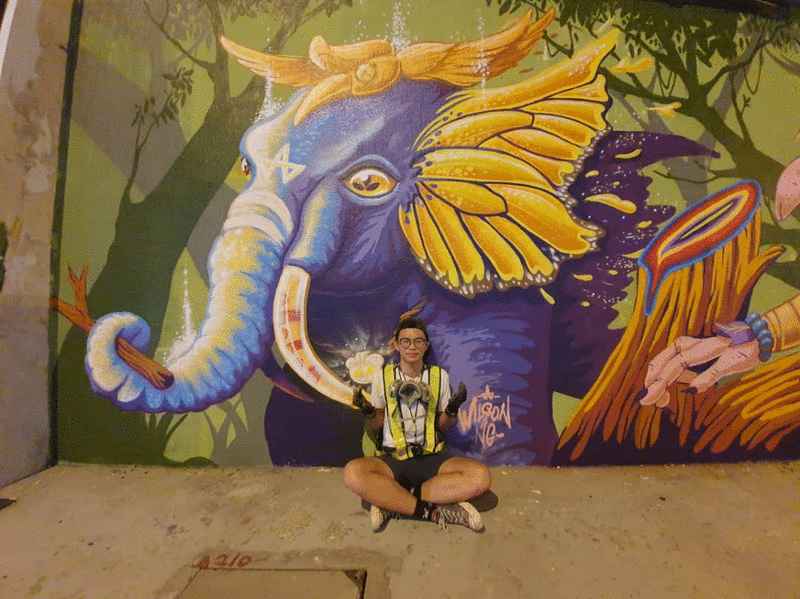 黄韦胜在靠近亚庇码头处所参与的推广野生动物和森林保育为主题的壁画。