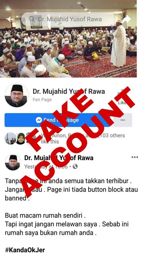 社交媒体上出现了一个名为“Dr. Mujahid Yusof Rawa”的脸书专页，并不是慕加希的官方脸书专页，只是一个假账户。