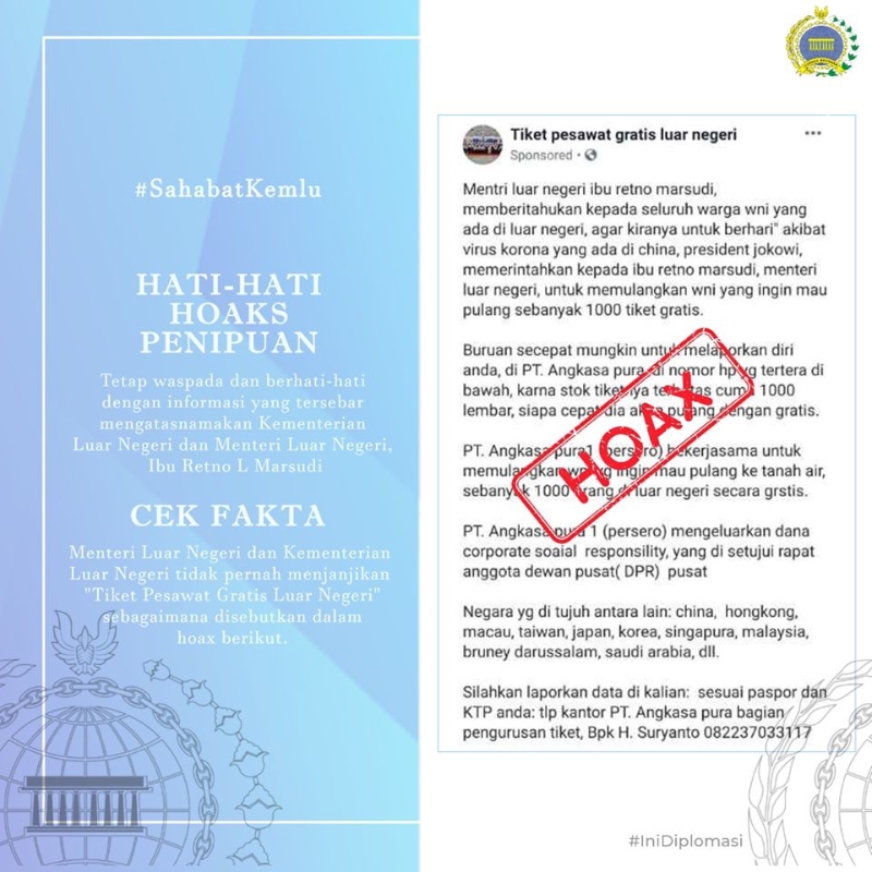 網傳印尼外交部將送出1000張機票給想回國的印尼公民，但被證實是假消息。（網絡截圖）