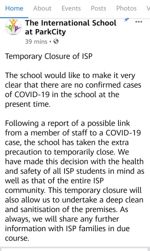 Park City国际学校为顾及在校人士的健康及安全，采取暂时关闭学校额外防疫措施。