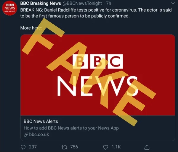 推特山有人冒用BBC的名义，声称丹尼尔烈格夫感染上冠病，但被证实是假的。（网络截图）