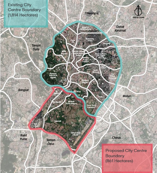 《2040年吉隆坡结构蓝图草案》显示，现有的城市中心面积为1814公顷，并建议往南延伸城市中心边界，扩大861公顷。