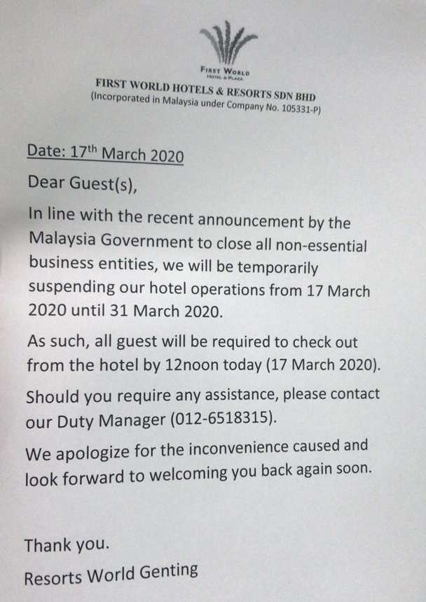 云顶昨日贴出通告，要求住客在当天中午退房，并宣布所有酒店关闭至3月31日。