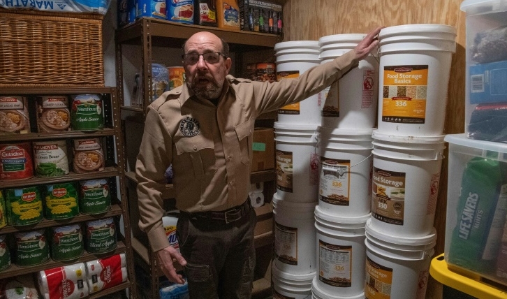 Fortitude Ranch Chief Operating Officer Steve Rene shows a storage room stacked with food in Mathias. AFP