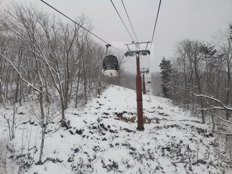 乘坐缆车到白马山顶露台，沿途是白茫茫的一片森林雪景。

