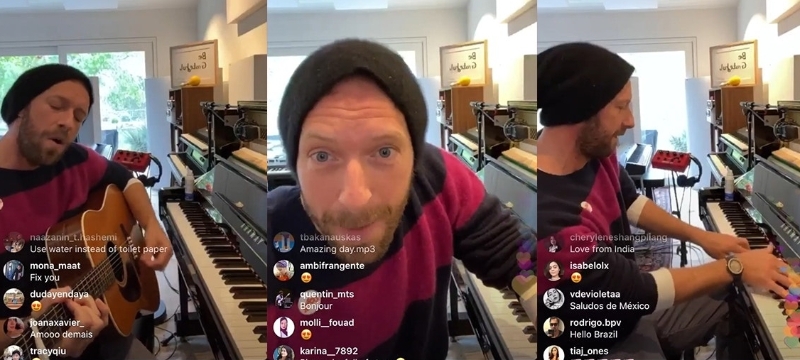Coldplay主唱基斯马汀在家直播，自弹自唱陪粉丝抗疫。