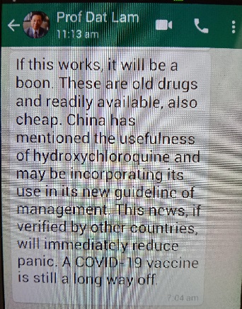 林世杰通过手机应用程式WhatApp回复说，HCQ和阿奇霉素联合治疗若能抑制冠病，是一大福音。