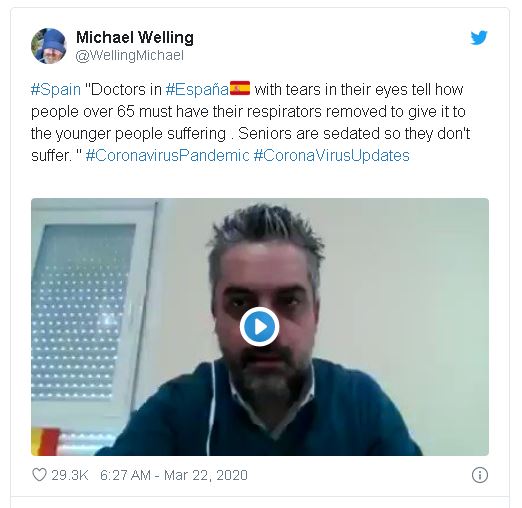 一名西班牙医生拍摄了一段短片，含泪讲述西班牙医生哭诉呼吸机不足，老病人要让给年轻人用。